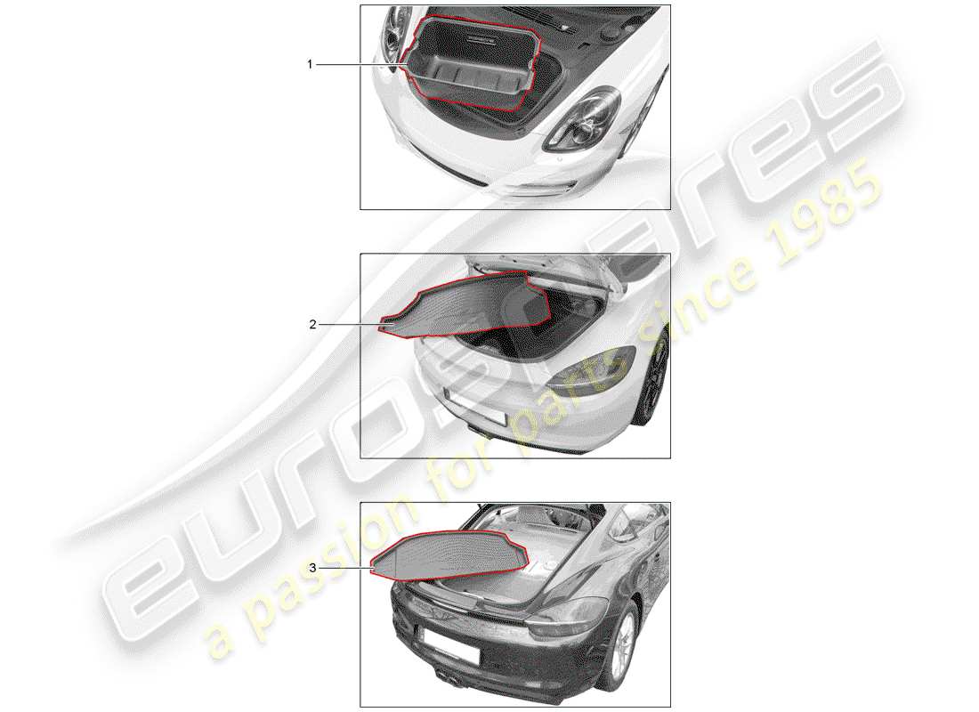 porsche 2013 (tequipment 98x/99x) forro del maletero diagrama de piezas