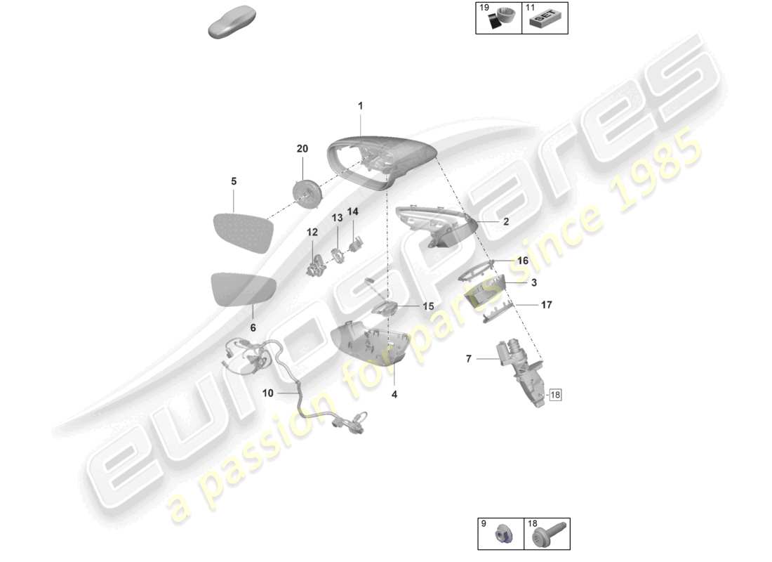 porsche 2019 (992-1) espejo exterior diagrama de piezas