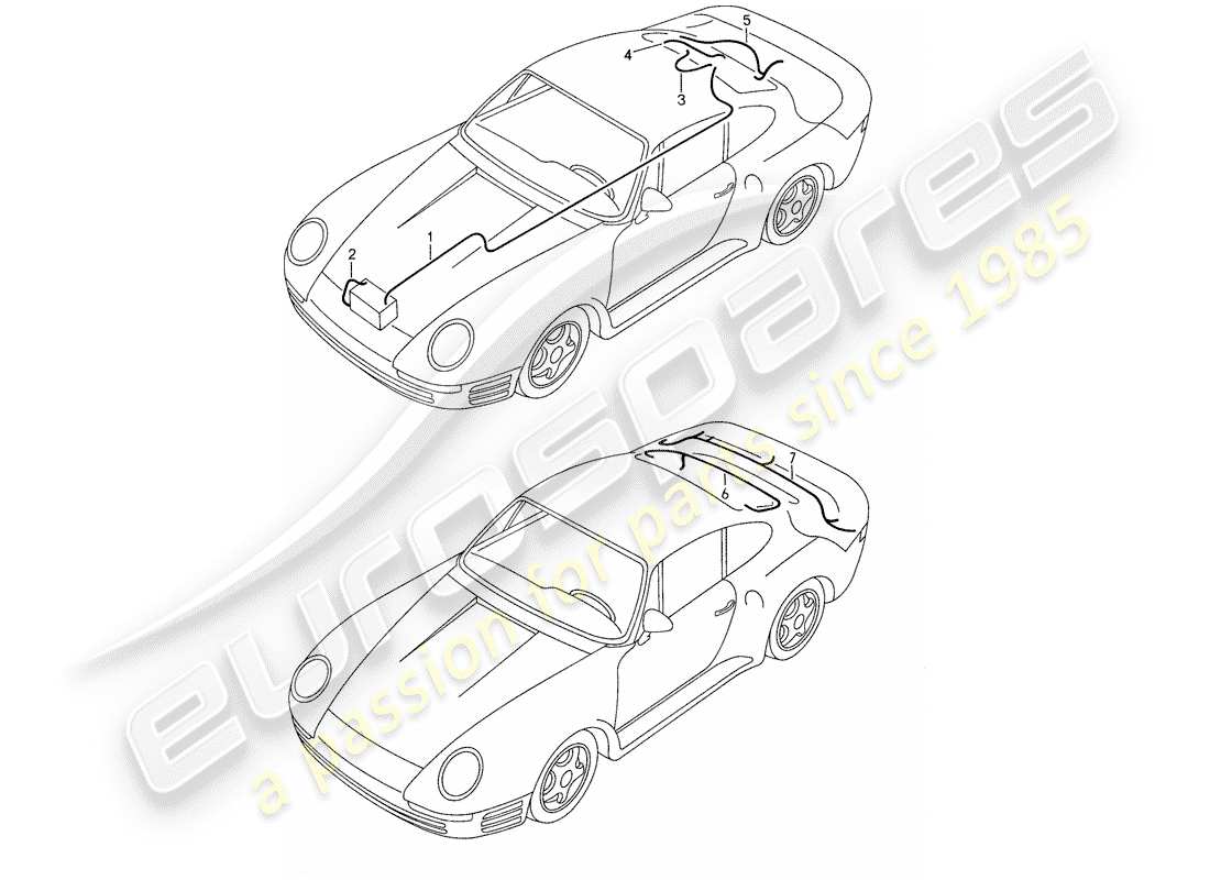 porsche 1987 (959) arneses de cableado - extremo trasero - batería diagrama de piezas