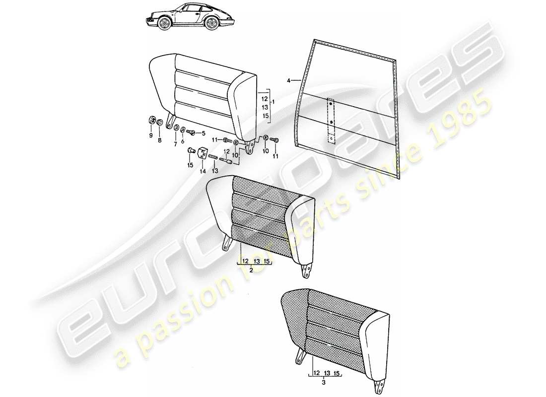 porsche seat 944/968/911/928 (1986) emergency seat backrest - with: - pull-type release - d - mj 1989>> - mj 1991 part diagram