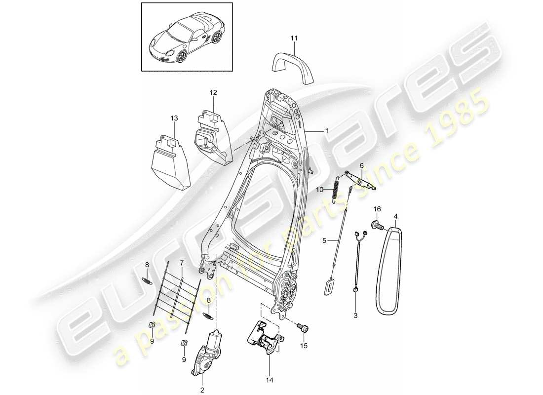 porsche 2011 (987 boxster) diagrama de piezas del marco del respaldo
