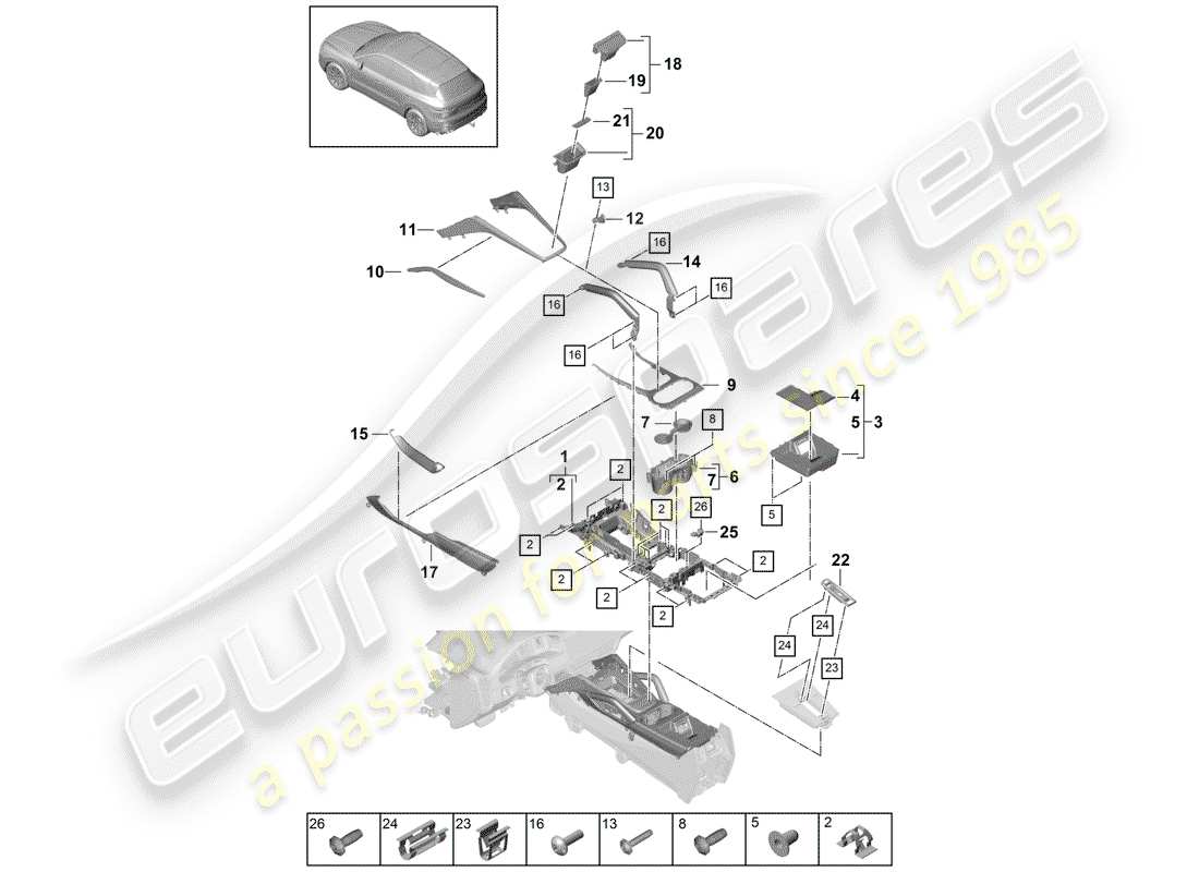 porsche 2018 (cayenne e3 9ya/9yb) diagrama de piezas de la consola central