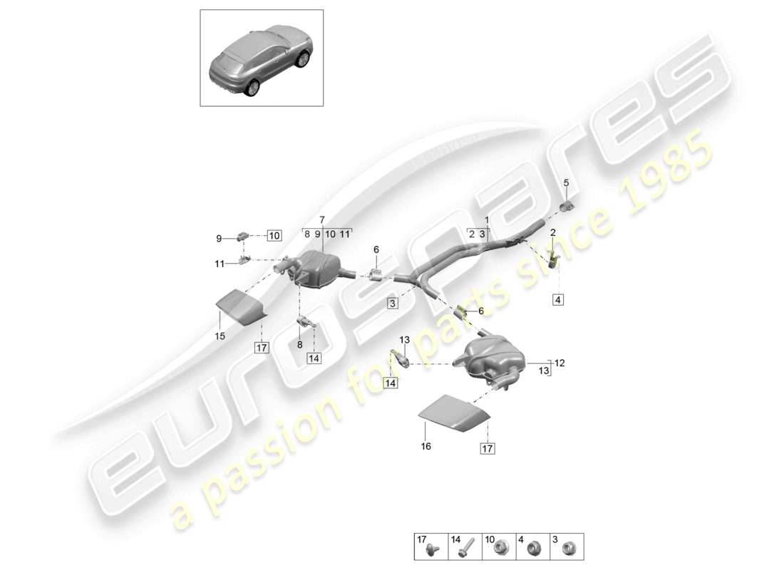 porsche 2020 (macan) sistema de escape tubo de escape silenciador trasero diagrama de piezas