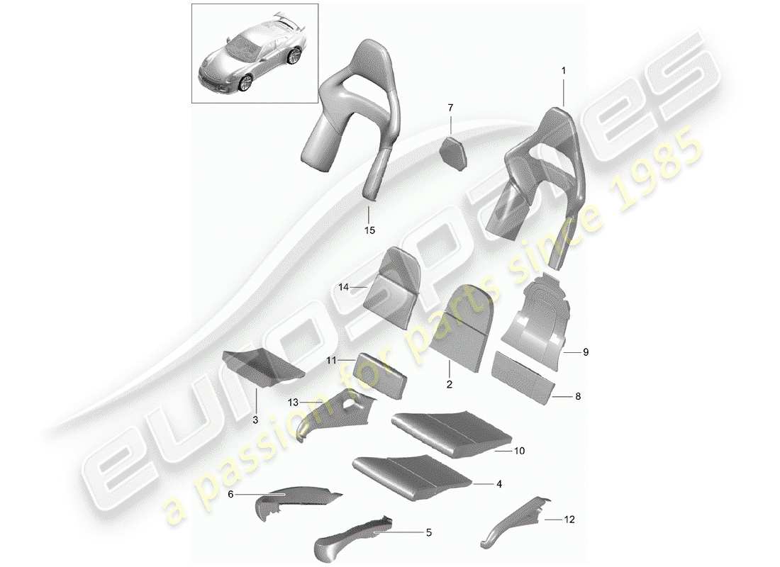 porsche 2017 (991-2 r/gt3/rs) parte de espuma diagrama de piezas