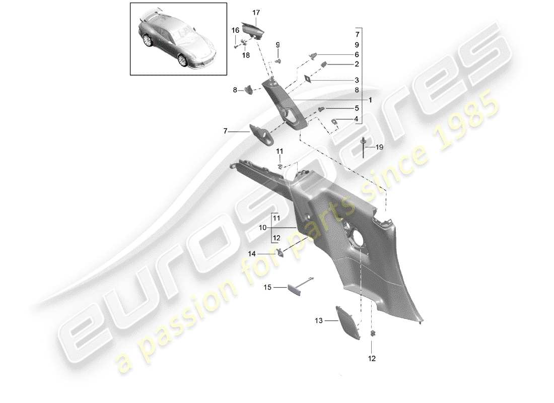 porsche 2017 (991-2 r/gt3/rs) diagrama de piezas del panel de acabado cuarto