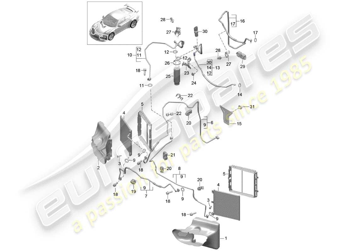 porsche 2018 (991-2 r/gt3/rs) circuito refrigerante diagrama de piezas