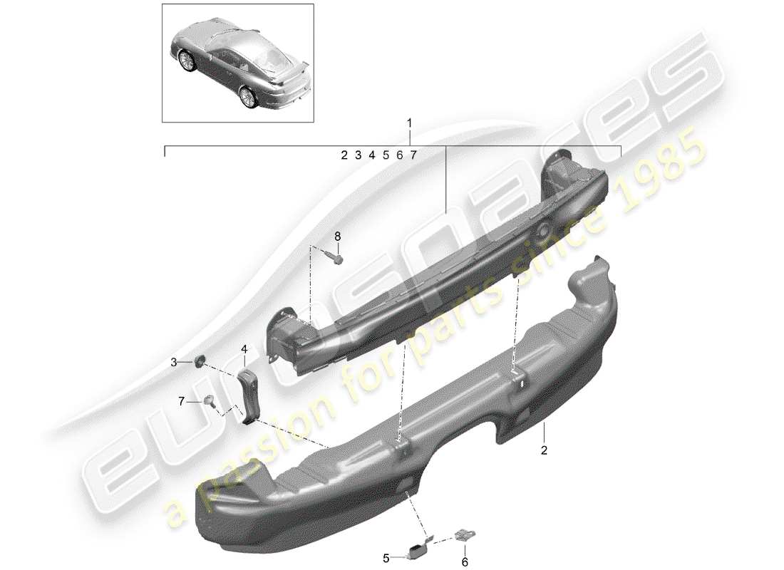 porsche 2017 (991-2 r/gt3/rs) diagrama de piezas del soporte de parachoques