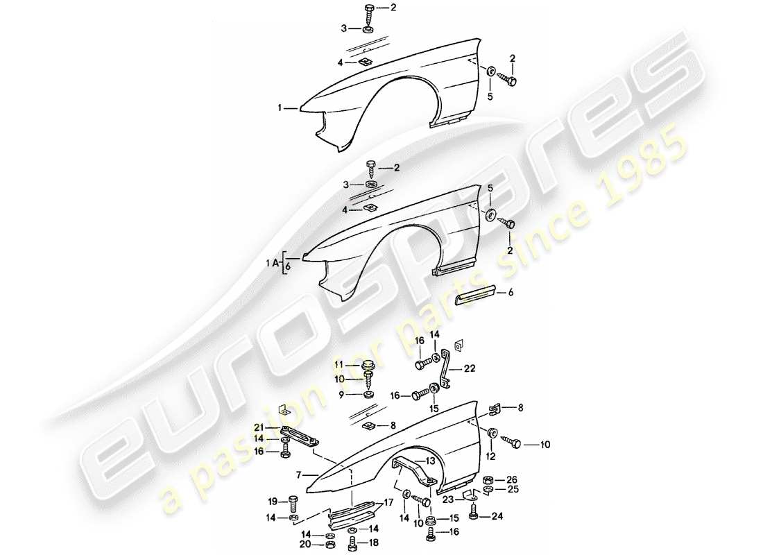 porsche 1981 (924) diagrama de piezas del guardabarros