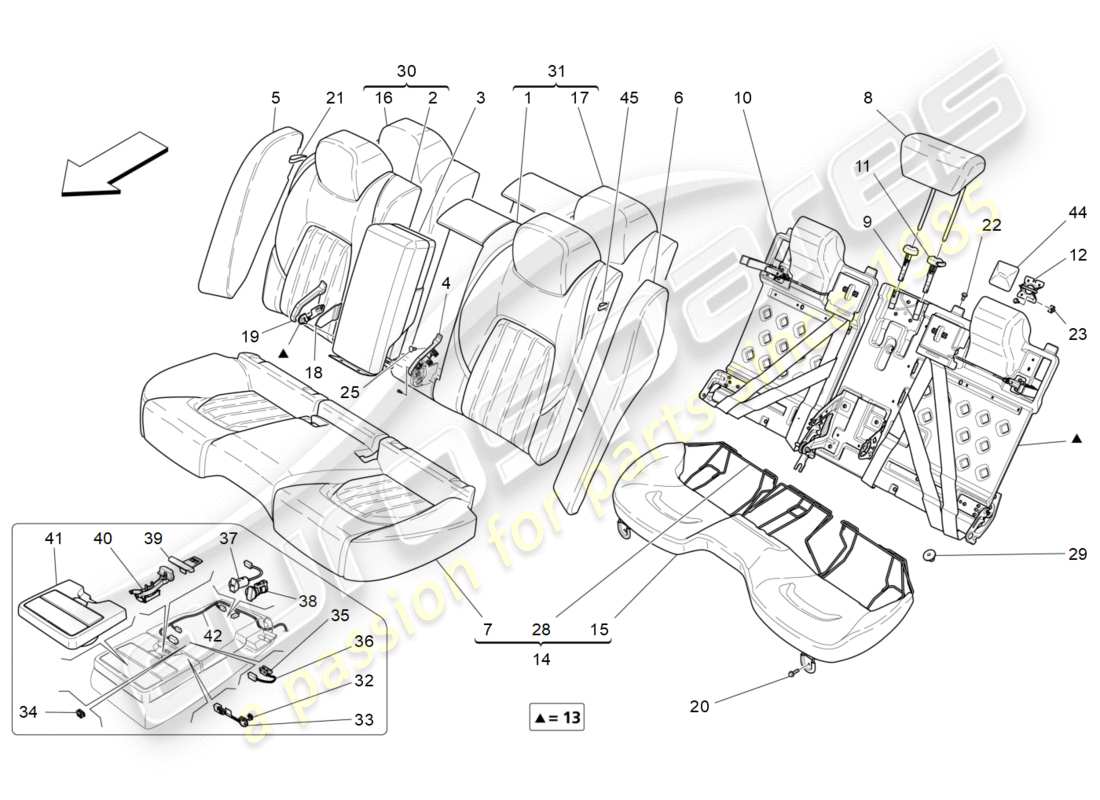 maserati qtp 3.0 bt v6 410hp (2014) asientos traseros: diagrama de piezas de los paneles decorativos