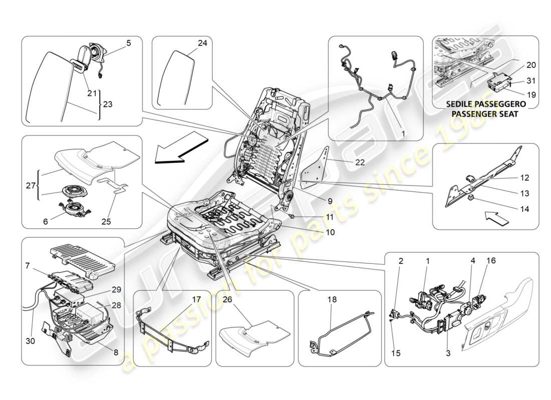 maserati qtp 3.0 bt v6 410hp (2014) asientos delanteros: diagrama de piezas de mecánica y electrónica