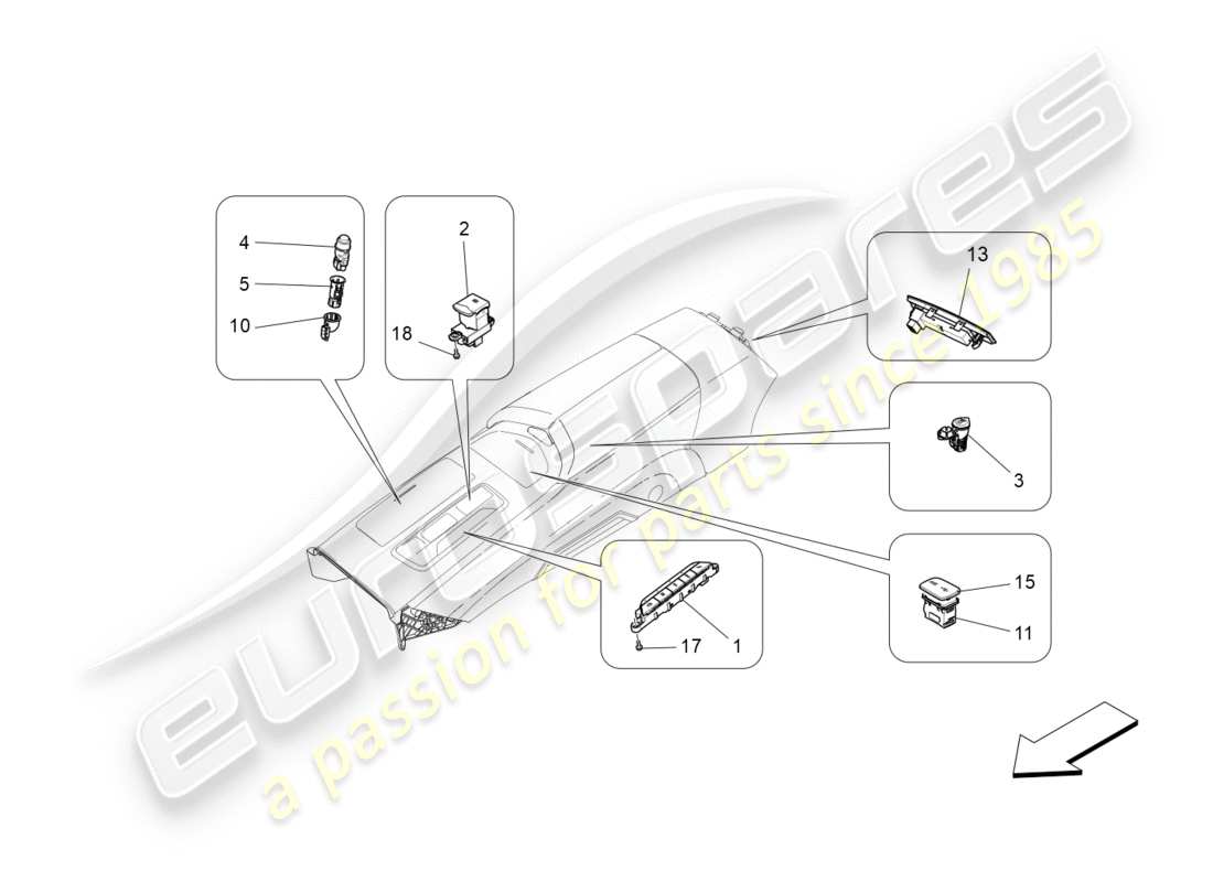 maserati qtp 3.0 bt v6 410hp (2014) diagrama de piezas de los dispositivos de la consola central