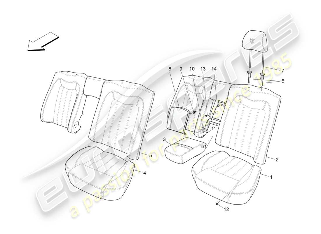 maserati granturismo (2010) asientos traseros: diagrama de piezas de los paneles decorativos