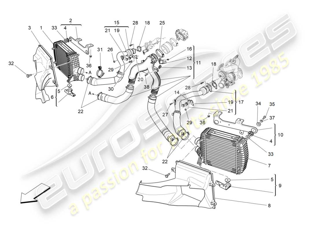 maserati qtp 3.0 bt v6 410hp (2014) diagrama de piezas del sistema intercooler