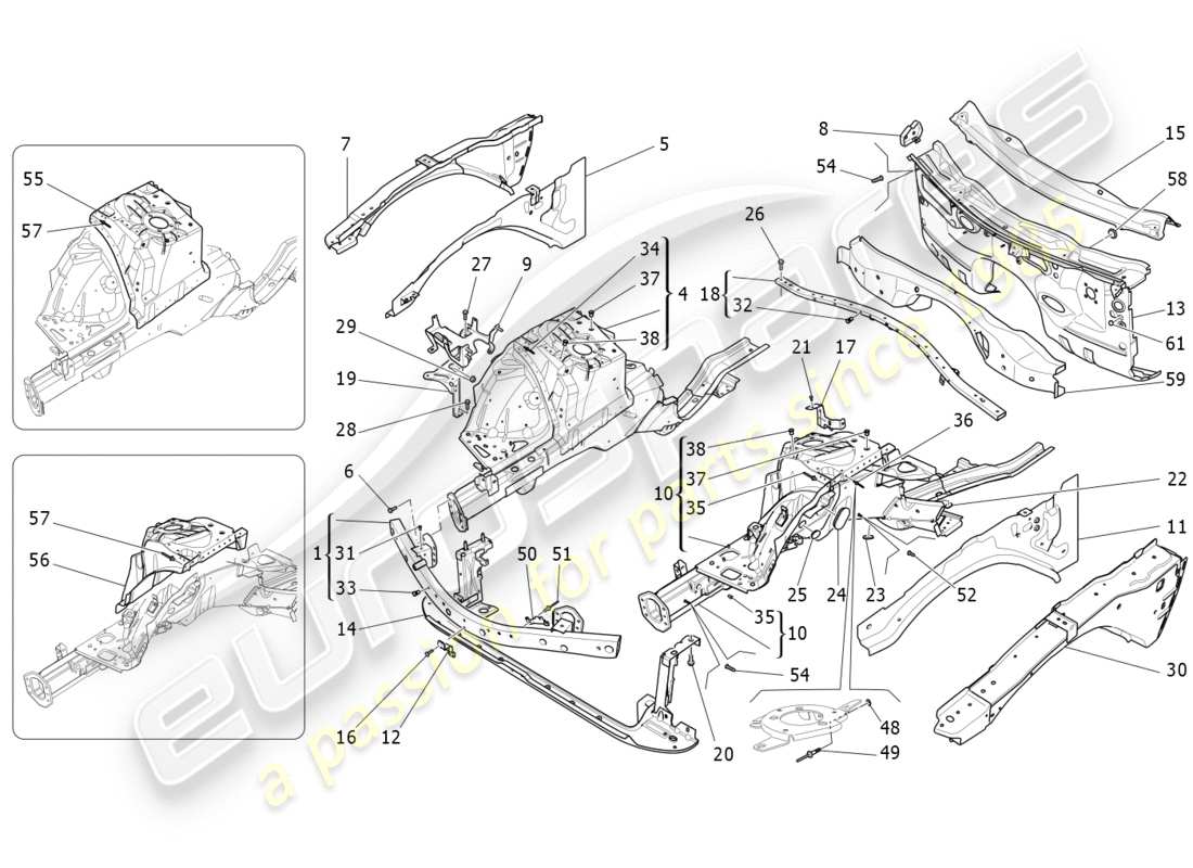 maserati qtp 3.0 bt v6 410hp (2014) diagrama de piezas de marcos estructurales frontales y paneles laminares