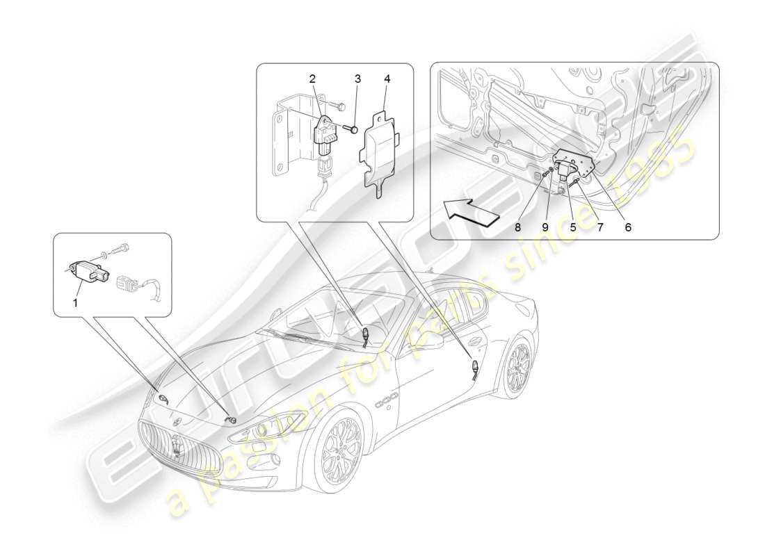 maserati granturismo (2008) diagrama de piezas de los sensores de colisión