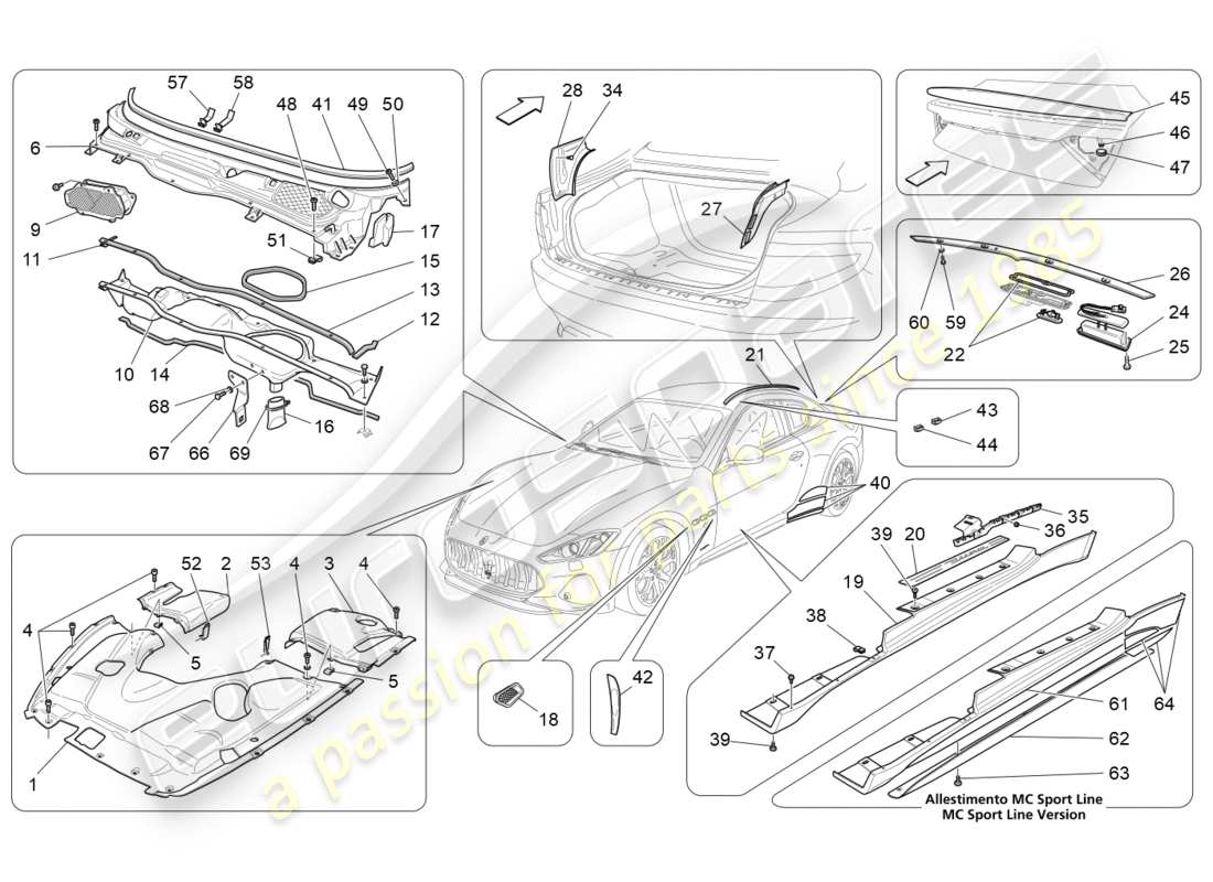 maserati granturismo s (2018) diagrama de piezas de escudos, molduras y paneles de cobertura