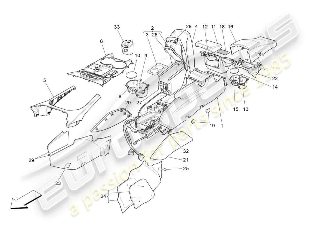 maserati granturismo s (2018) diagrama de piezas de la consola de accesorios y la consola central