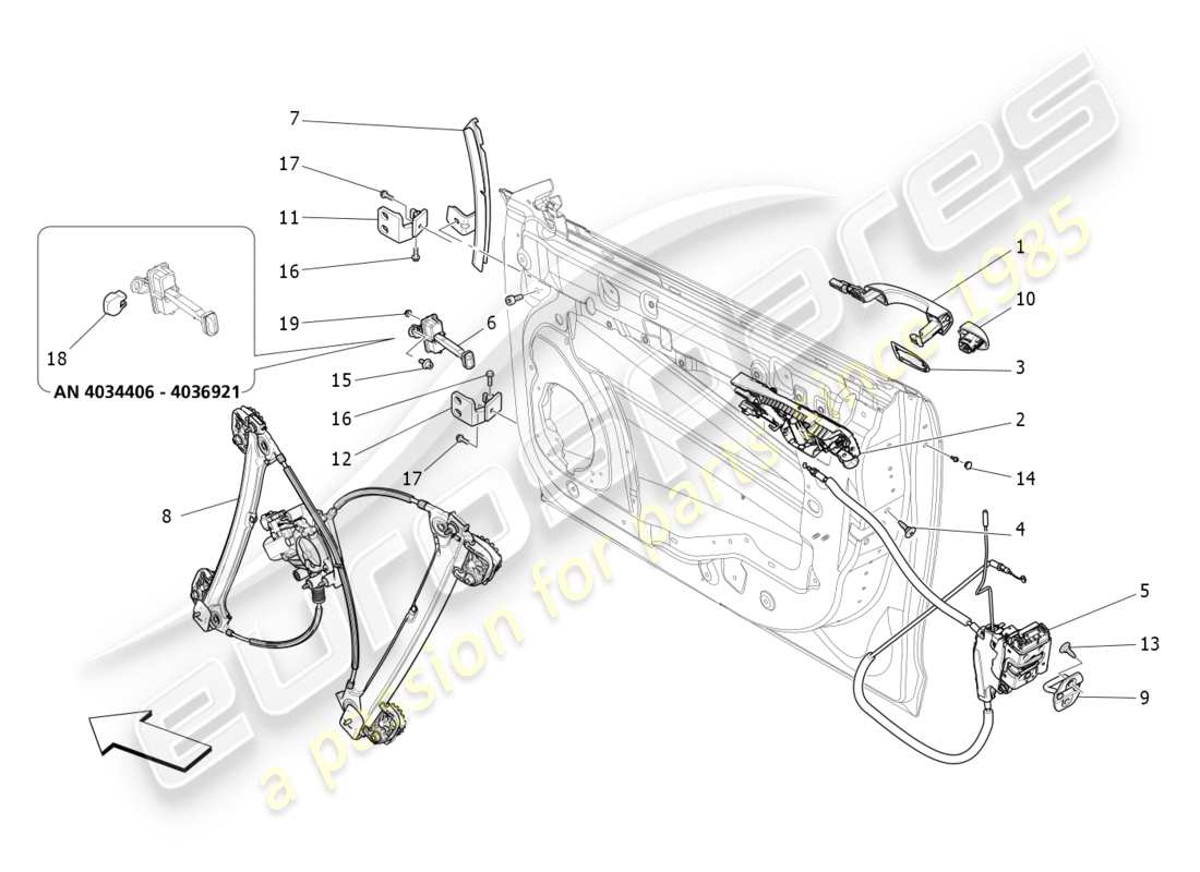 maserati qtp 3.0 bt v6 410hp (2014) puertas delanteras: diagrama de piezas de mecanismos