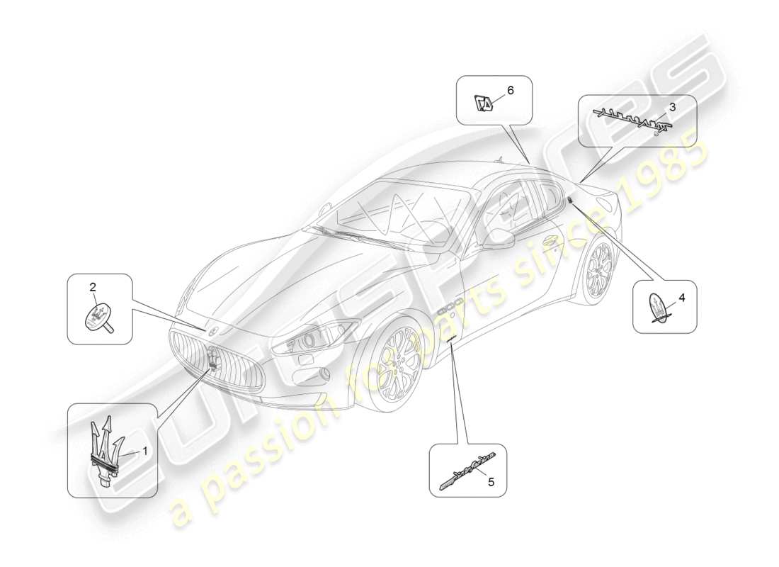 maserati granturismo (2008) diagrama de piezas de adornos, marcas y símbolos