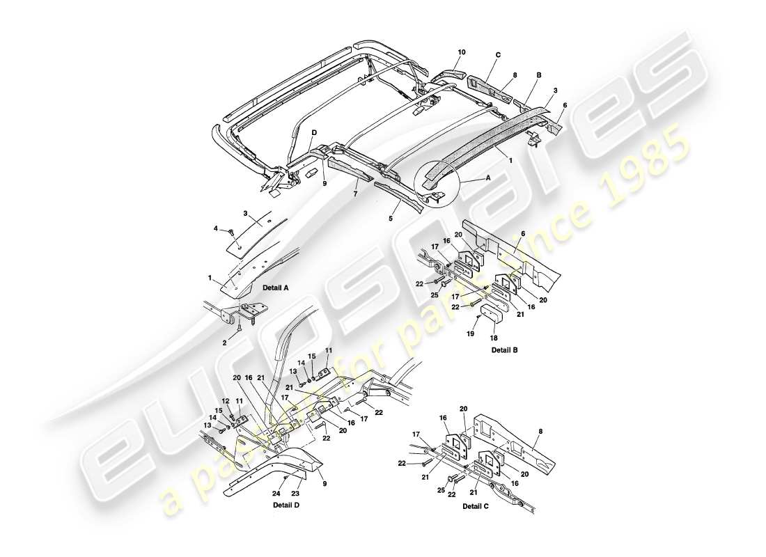 aston martin v8 volante (1999) maderas del marco del capó diagrama de piezas
