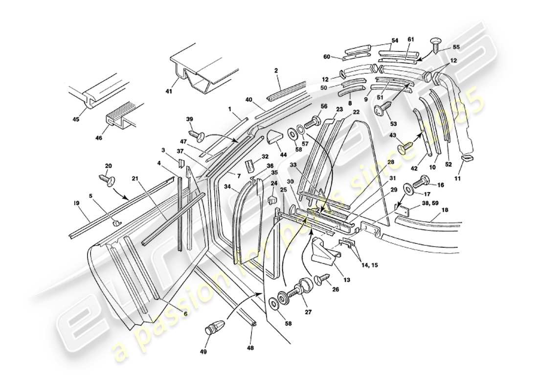 aston martin v8 volante (1999) diagrama de piezas de los sellos meteorológicos