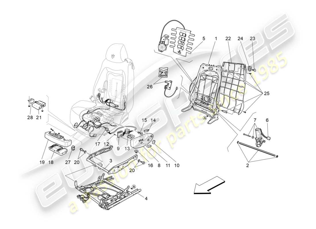 maserati granturismo (2013) asientos delanteros: mecánica y electrónica diagrama de piezas