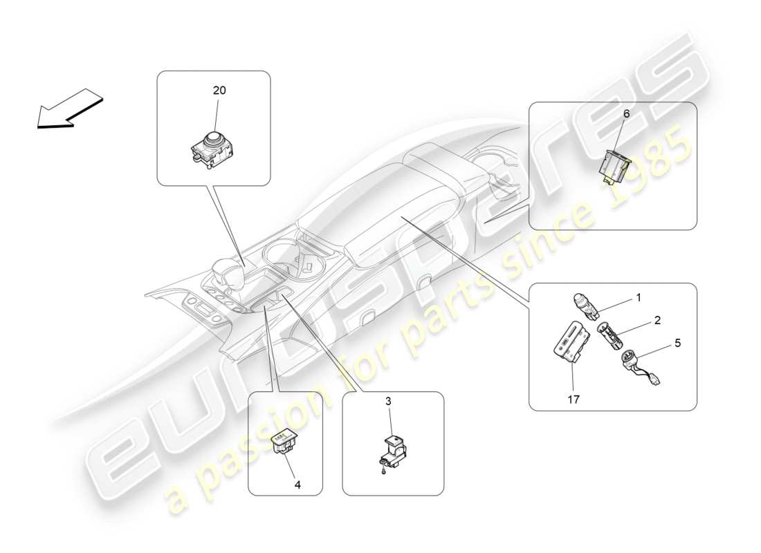 maserati granturismo s (2018) diagrama de piezas de los dispositivos de la consola central