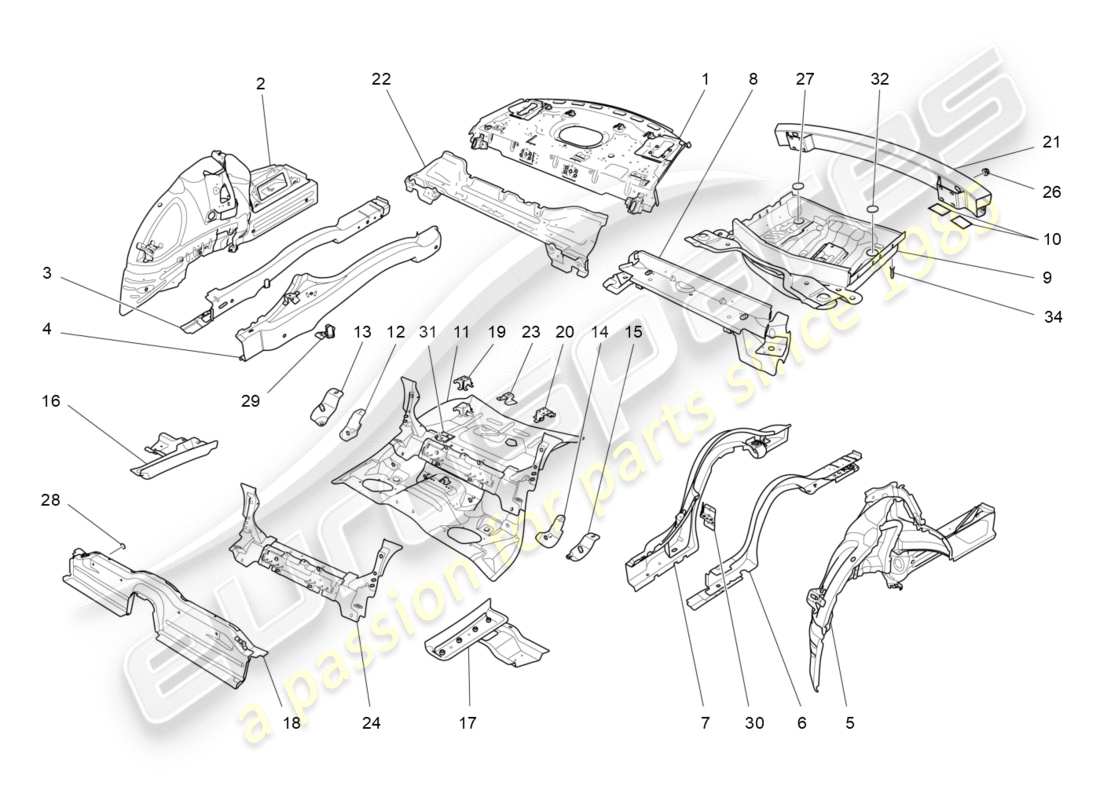 maserati qtp 3.0 bt v6 410hp (2014) diagrama de piezas de marcos estructurales traseros y paneles de chapa