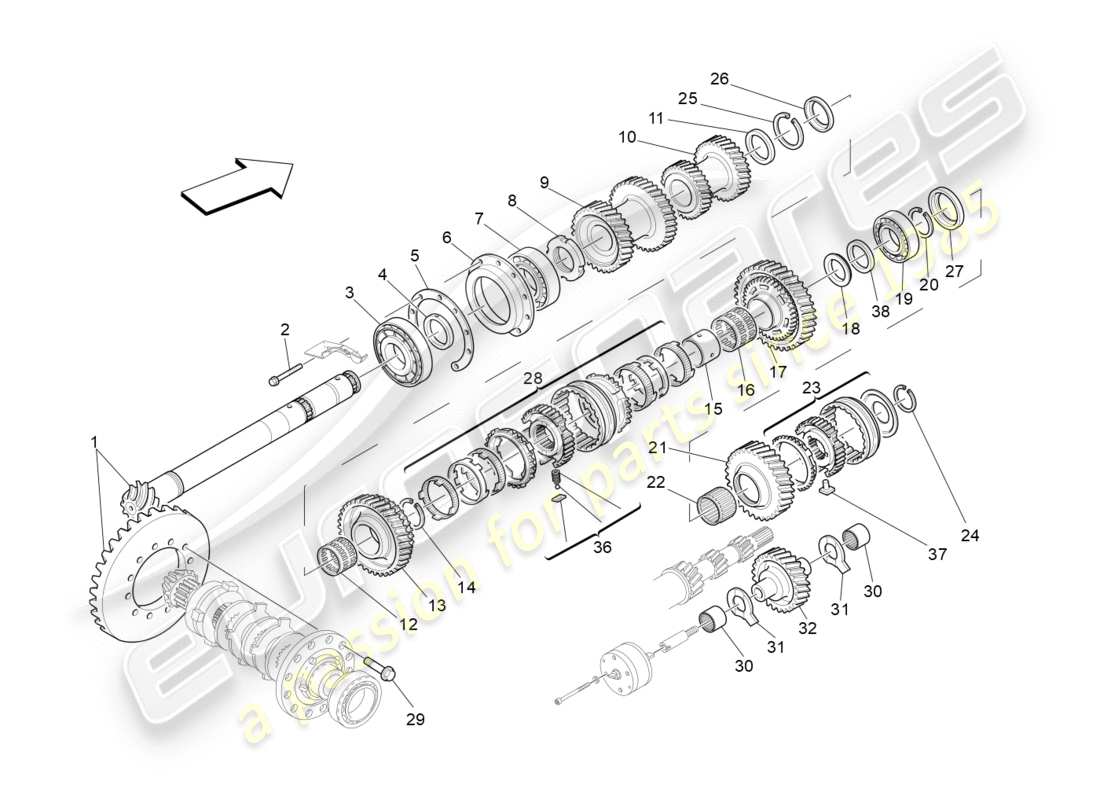 maserati granturismo (2012) diagrama de piezas de engranajes del eje de apoyo