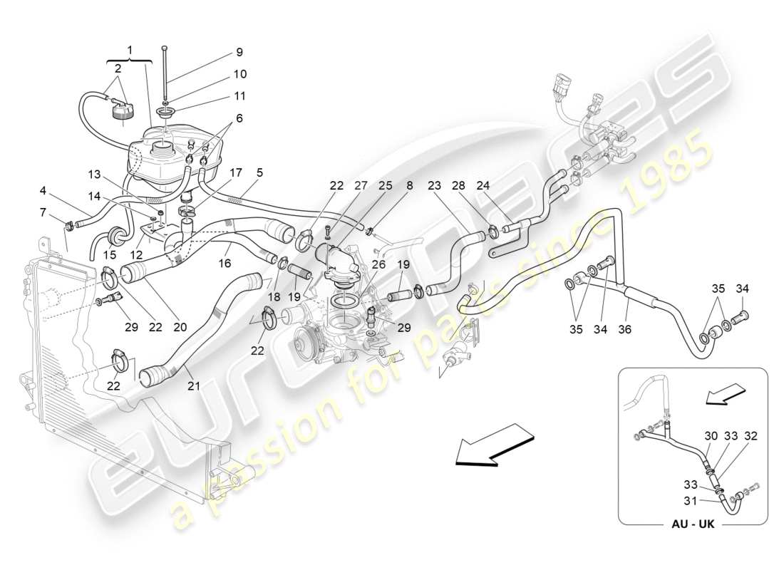 maserati granturismo (2009) sistema de refrigeración: diagrama de piezas de nourice y líneas