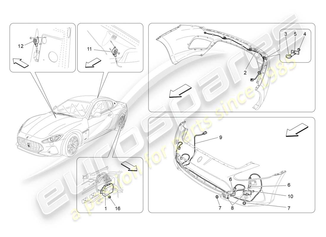 maserati granturismo s (2018) diagrama de piezas de los sensores de estacionamiento