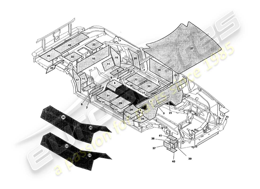 aston martin v8 volante (1998) amortiguación del sonido diagrama de piezas