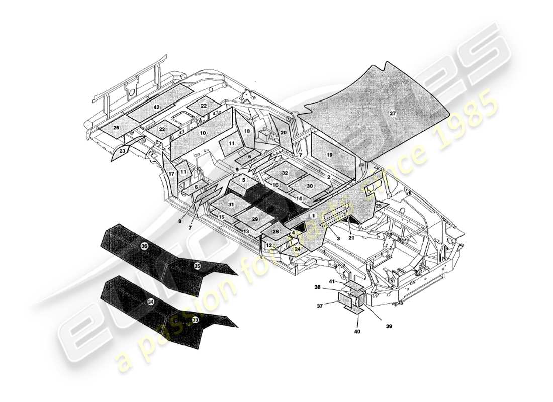 aston martin v8 volante (1997) amortiguación del sonido diagrama de piezas
