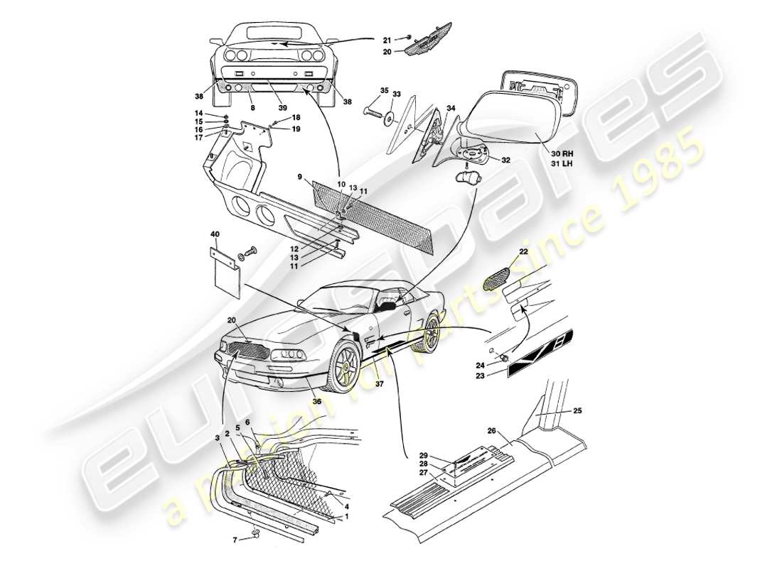 aston martin v8 volante (1997) accesorios para el cuerpo diagrama de piezas
