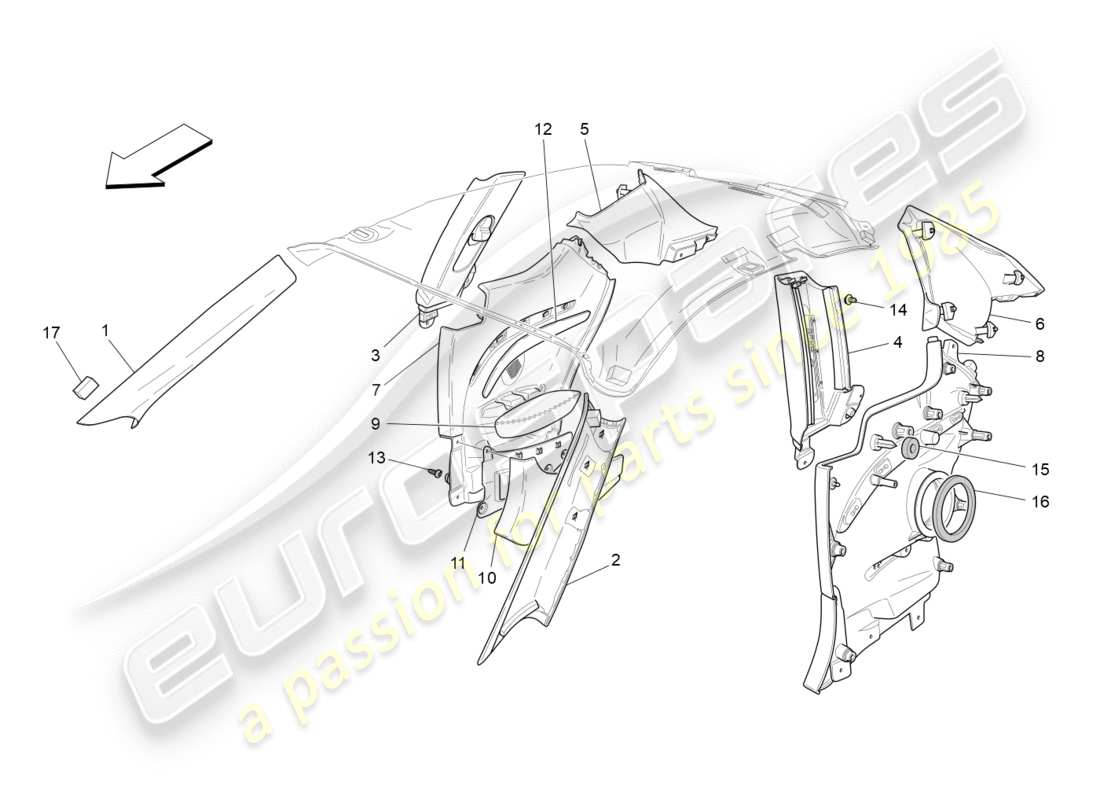 maserati granturismo (2015) diagrama de piezas de paneles laterales y embellecedores del pilar b del compartimento de pasajeros