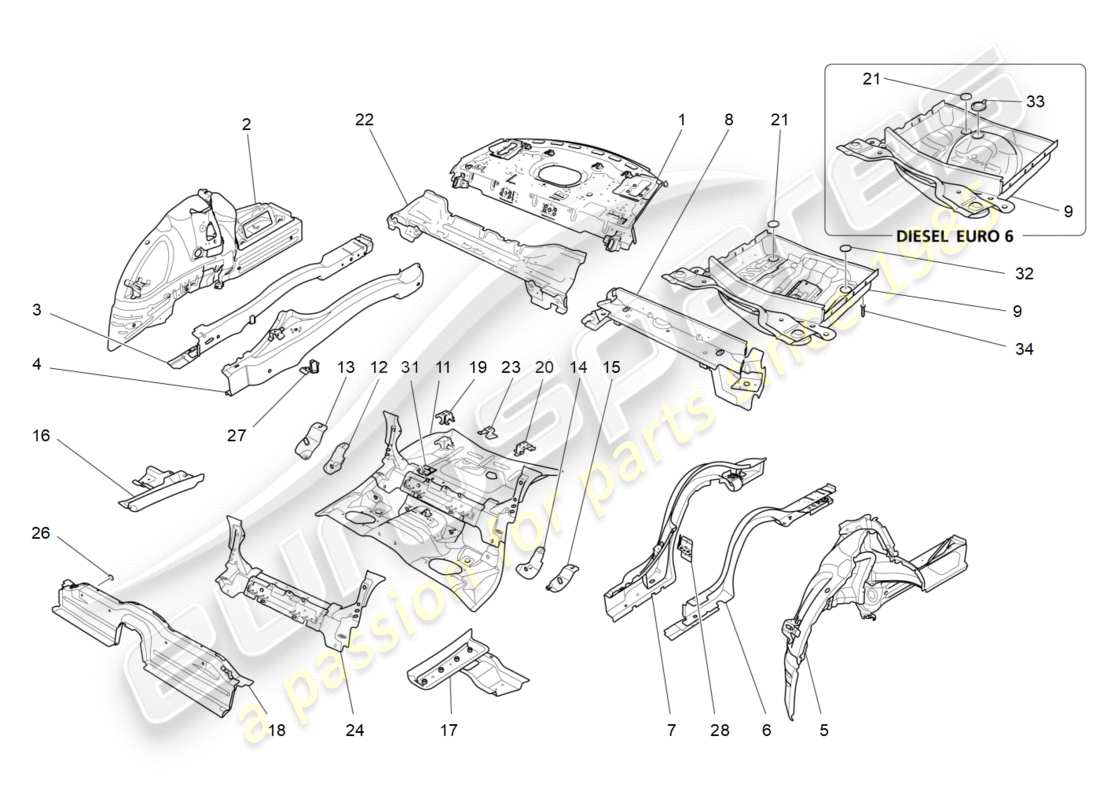 maserati qtp 3.0 bt v6 410hp (2014) diagrama de piezas de marcos estructurales traseros y paneles de chapa