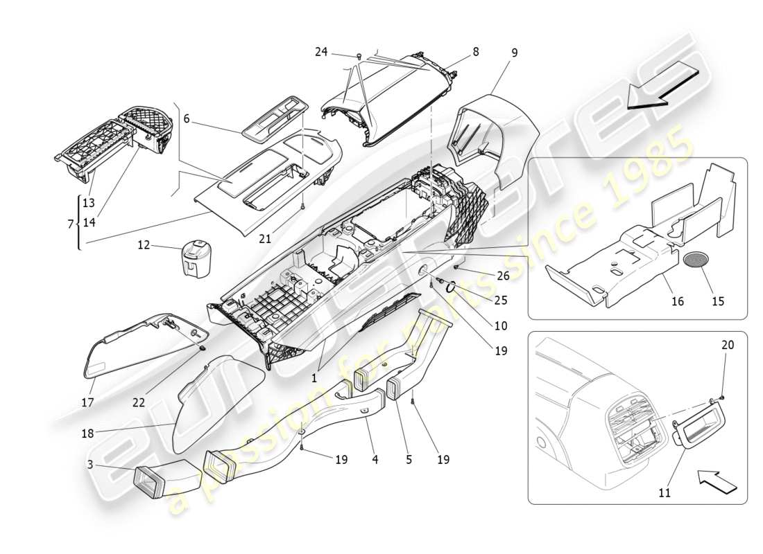 maserati qtp 3.0 bt v6 410hp (2014) diagrama de piezas de la consola de accesorios y la consola central