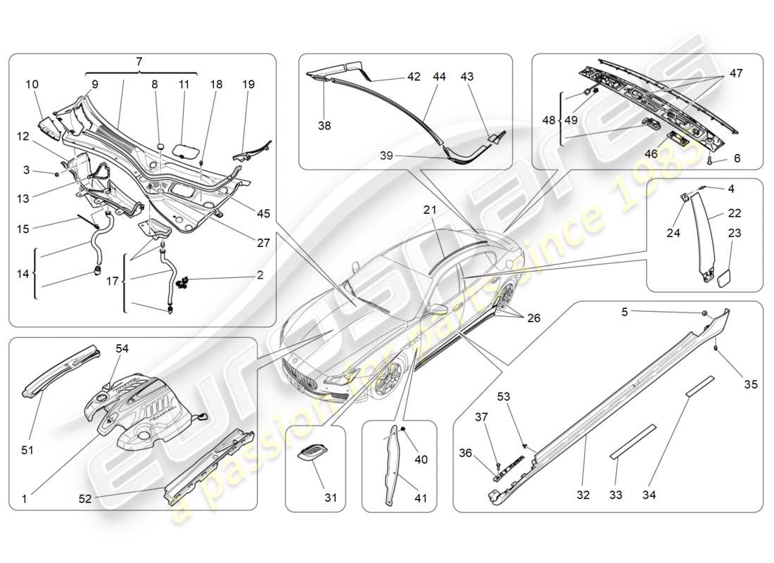 maserati qtp 3.0 bt v6 410hp (2014) diagrama de piezas de escudos, molduras y paneles de cobertura