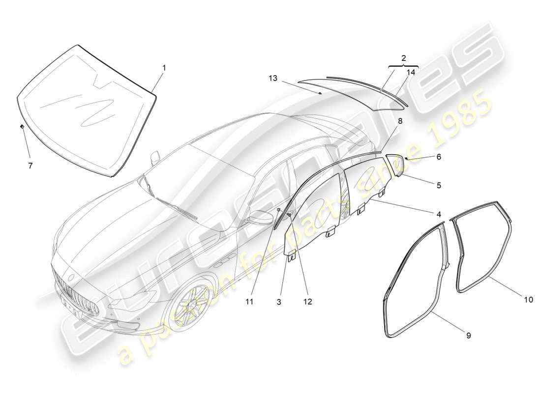 maserati qtp 3.0 bt v6 410hp (2014) diagrama de piezas de ventanas y listones de ventanas