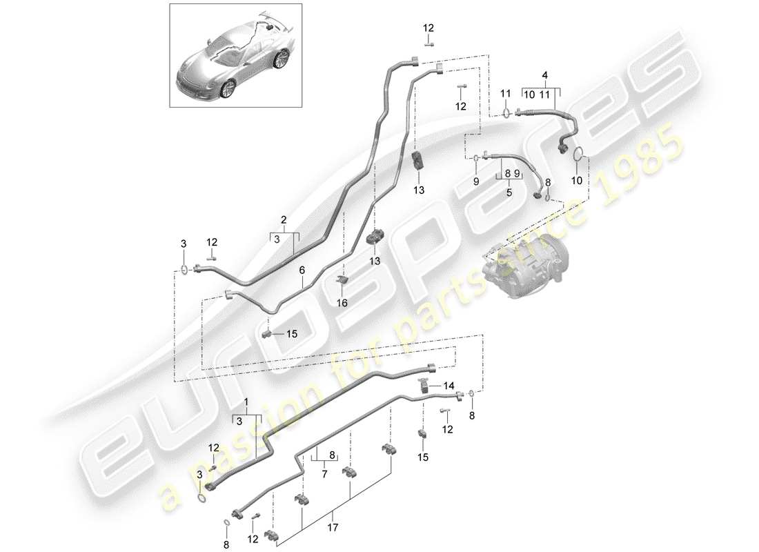 porsche 2017 (991-2 r/gt3/rs) diagrama de piezas del circuito refrigerante