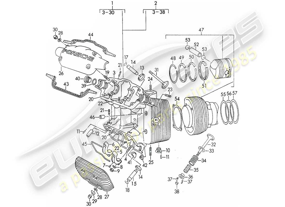 porsche 1956 (356/356a) culata - cilindro con pistones diagrama de piezas