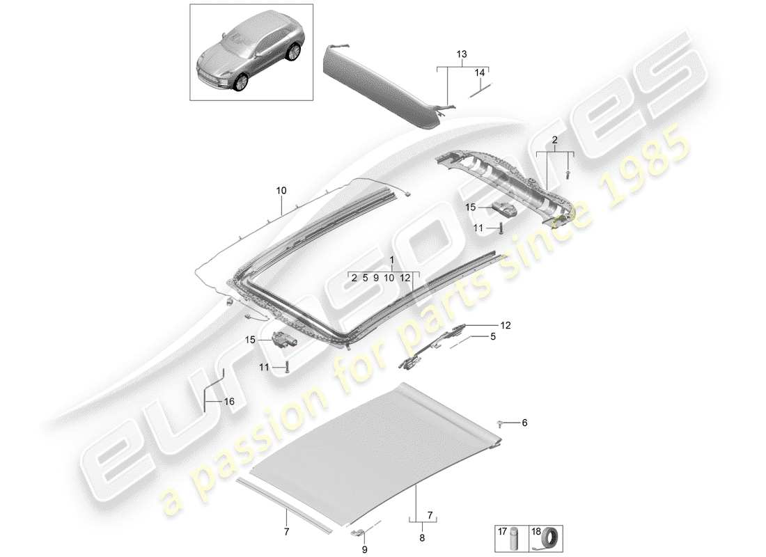 porsche 2019 (macan) diagrama de piezas del techo de cristal