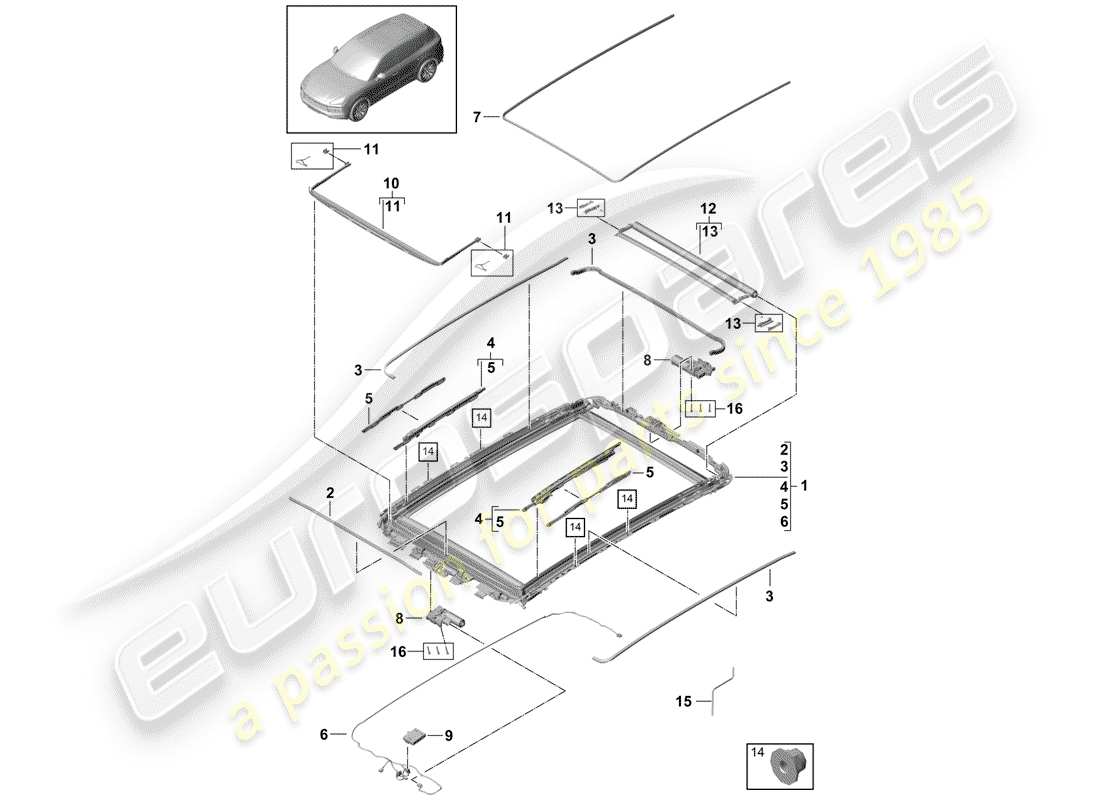 porsche 2019 (cayenne e3 9ya/9yb) diagrama de piezas del techo de cristal