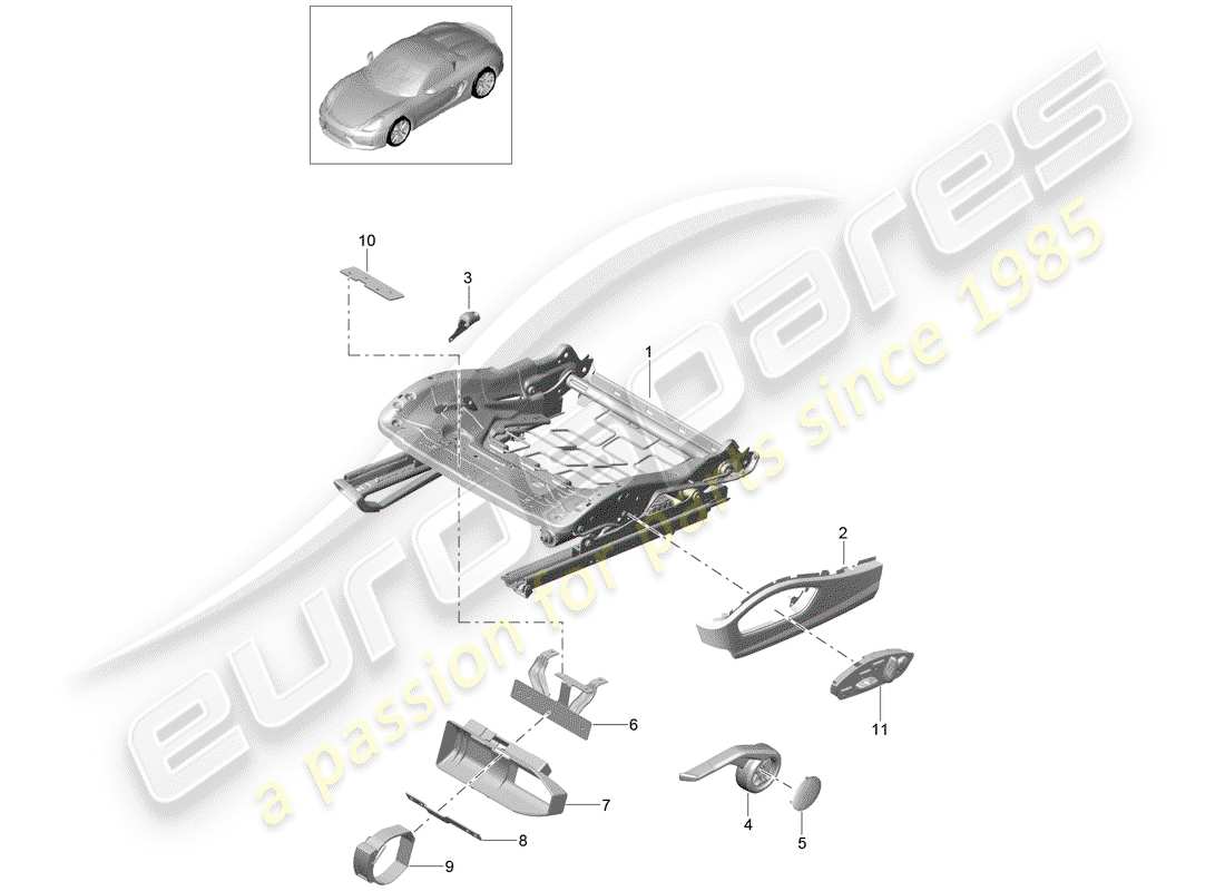 porsche 2016 (981 boxster spyder) diagrama de piezas del marco del asiento