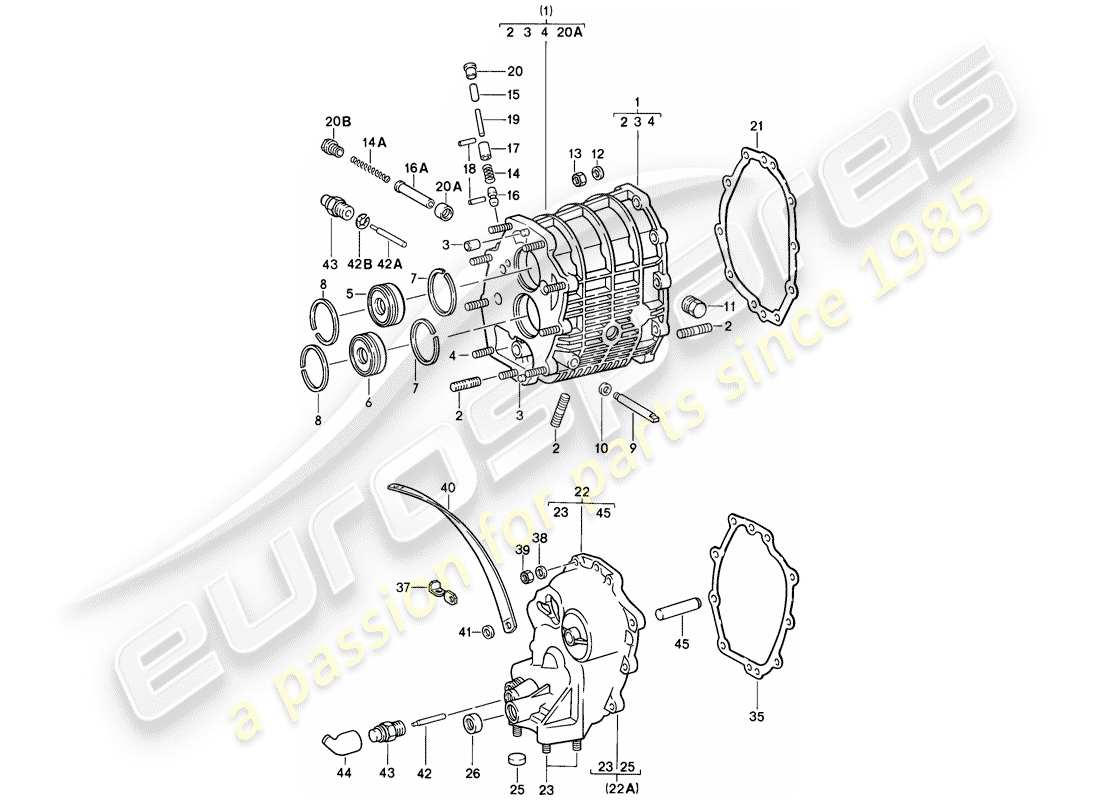 porsche 1986 (911) carcasa de engranajes - tapa de la transmisión diagrama de piezas