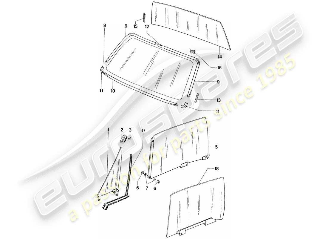 porsche 1973 (914) diagrama de piezas de vidrios para ventanas