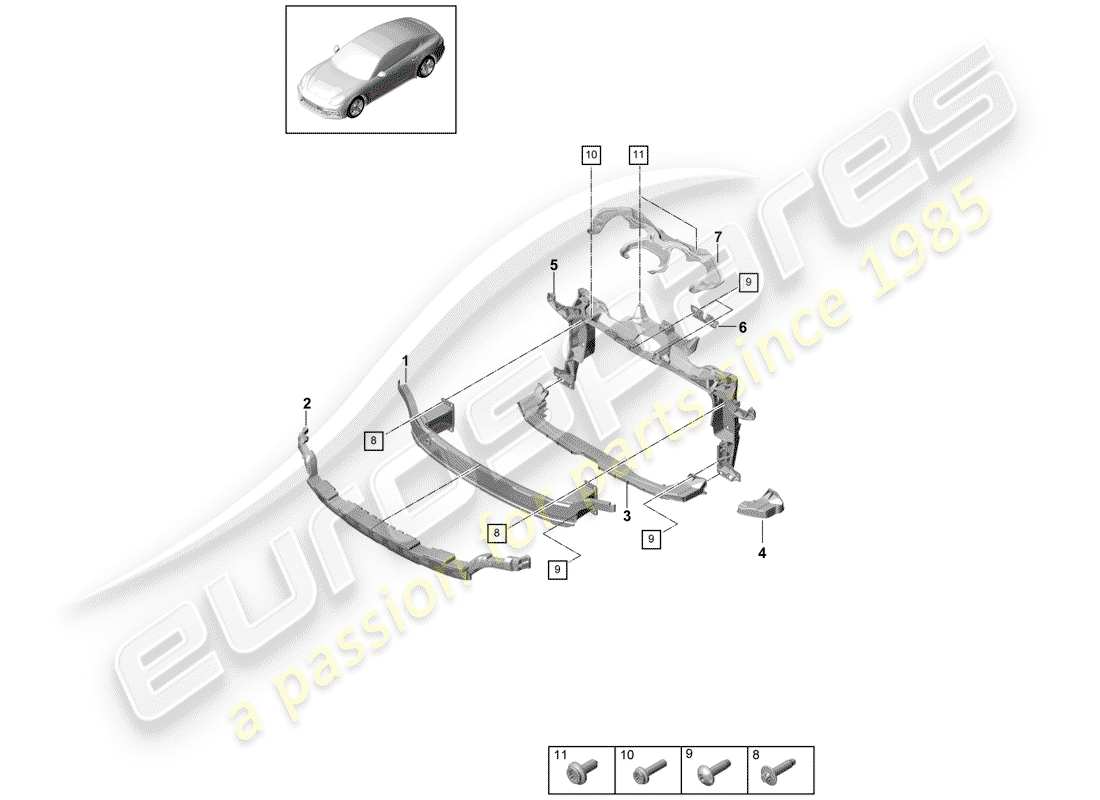 porsche 2017 (panamera 971-1) diagrama de piezas del soporte de parachoques