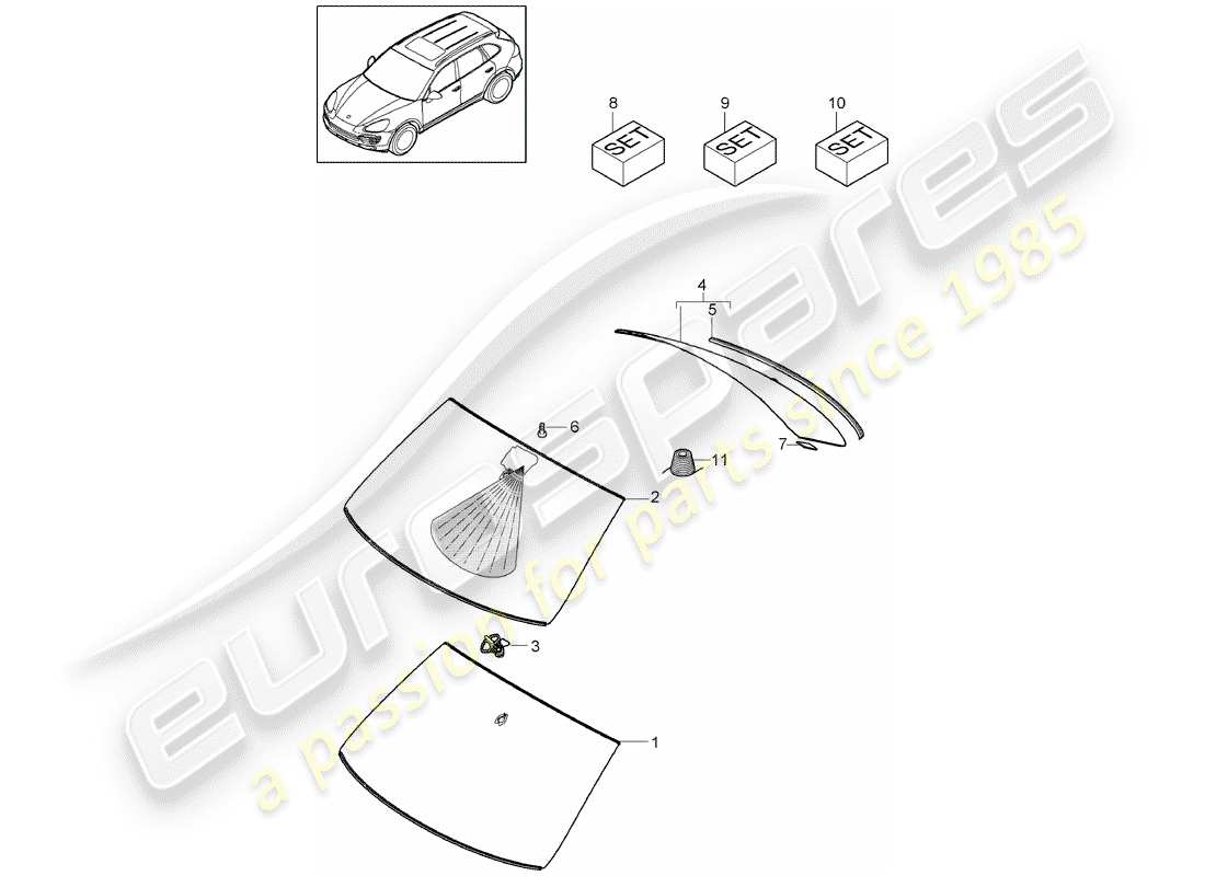 porsche 2013 (cayenne e2 92a) vidrios de ventanas diagrama de piezas