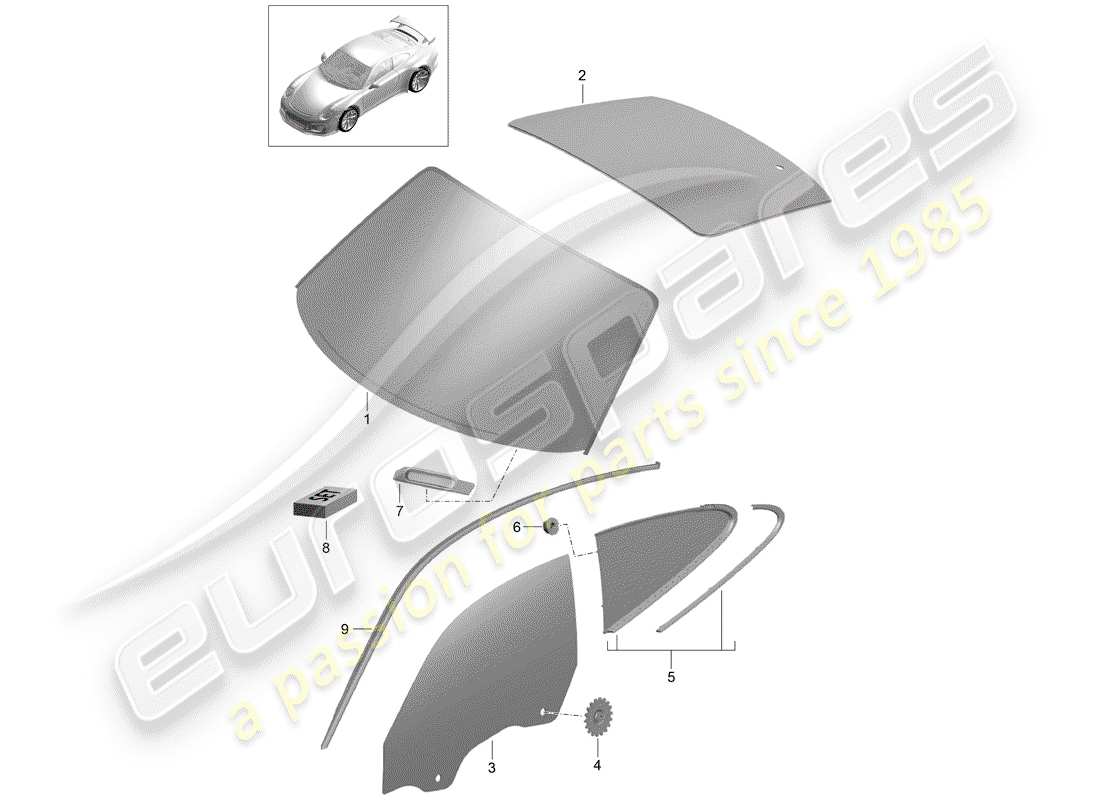 porsche 2020 (991-2 r/gt3/rs) vidrios de ventanas diagrama de piezas