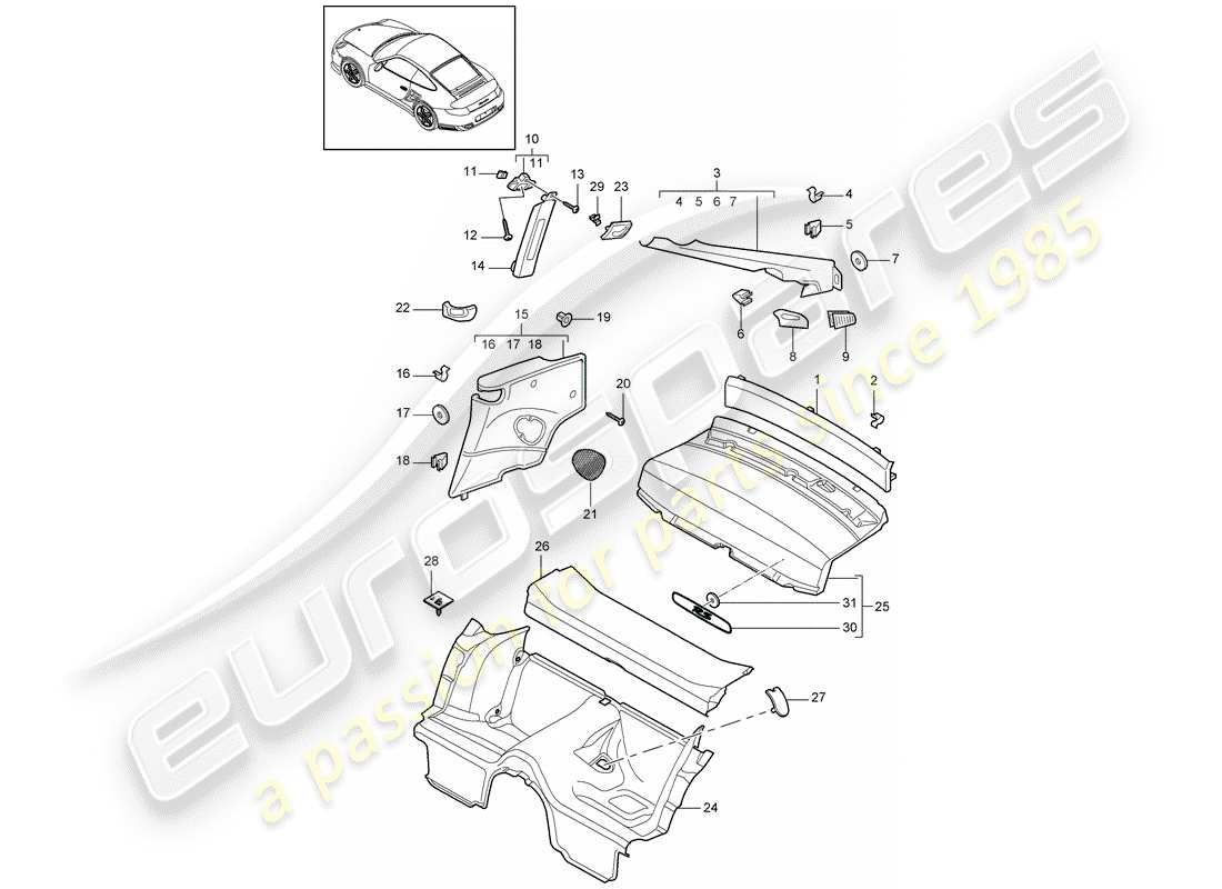 porsche 2013 (997-2 turbo / gt2 rs) adornos diagrama de piezas